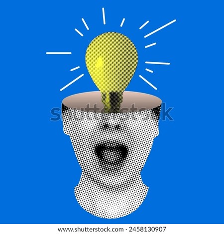 Idea concept. Light bulb turns on in a woman's head. Modern collage. Creative thinking in business. Scientific discoveries. Successful learning. Brainstorm. Halftone design elements cut from newspaper