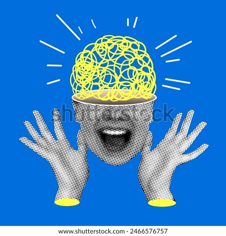 Idea concept. Shining brain inside womans head. Creative thinking in business. Scientific discoveries. Successful learning. Brainstorm. Halftone design elements cut from newspaper. Emotion of surprise