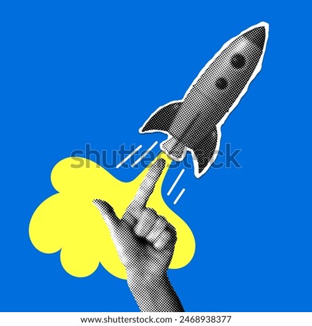 Rocket launch. Halftone hand pushes the rocket. Success concept. Modern collage. Starting a business. Startup idea. Creating new ideas. Creative illustration with cut out newspaper elements