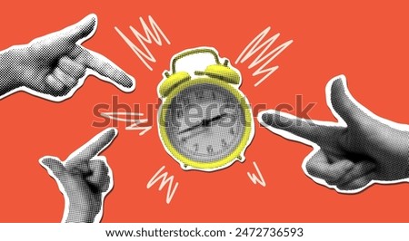 Modern collage with halftone pointing hands and alarm clock. Paper cutout elements. Dotted pop art style. Deadline concept. Trendy vintage newspaper parts