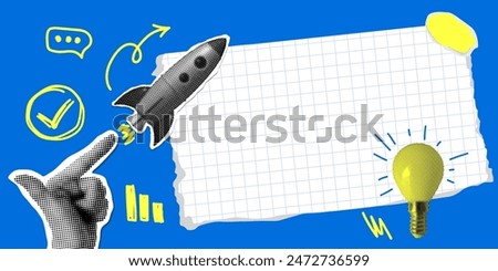 Pop art style banner with halftone rocket, pointing human hand and piece of torn checkered paper. Modern collage. Business startup concept. Creating ideas. Illustration with cut out newspaper elements