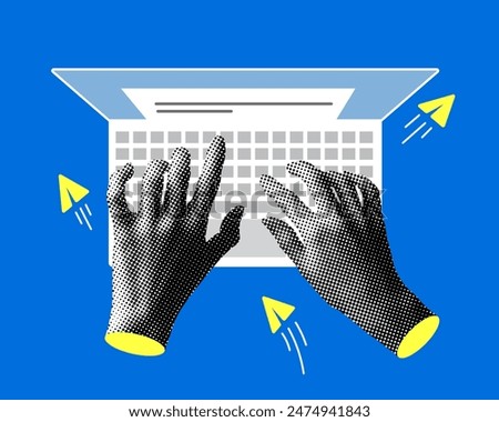 Hands on the keyboard. Modern collage with halftone hands and laptop. Person using a laptop from above. Top view. Remote work. Trendy newspaper elements. Business illustration