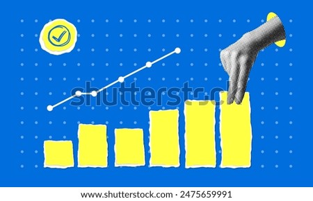 Data analytics concept. Halftone hand builds sales graph. Modern collage. Successful business performance. Financial success. Business data graph. Achieving high results. Torn paper