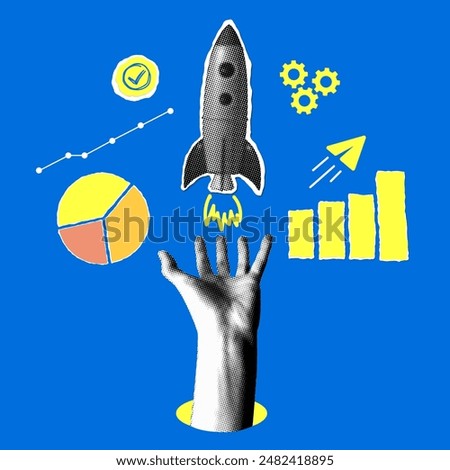 Business and financial success concept. Modern collage with halftone hand holding a launching rocket, sales chart icons. Income growth. Successful startup. Increasing profits illustration