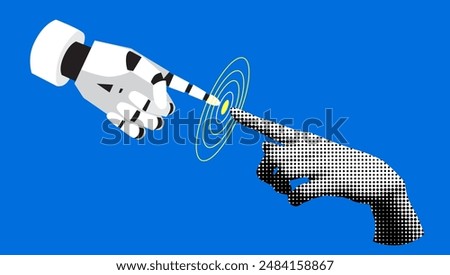 Modern collage with halftone human hand touching robots hand. Fight between human and artificial intelligence. Concept of future technologies. Machine learning. Contest between human and cyborg