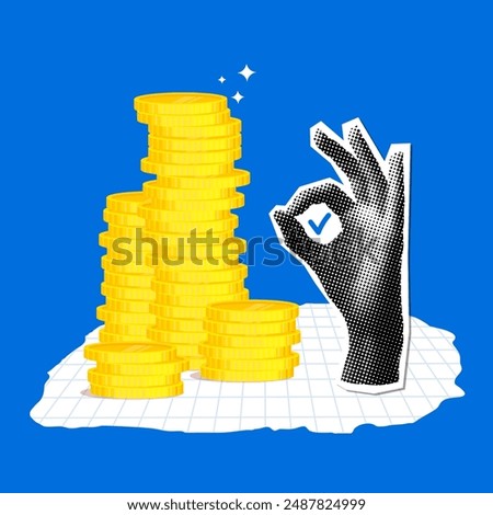 Modern collage with stacks of coins and halftone hand showing ok sign. Sales growth concept. High sales figures. Good statistics. Newspaper halftone elements. Financial success