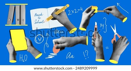 Back to school set. Modern collage with halftone hands holding school supplies. Writing hand. Trendy newspaper elements. Hands holding scissors, stationery knife, pencil sharpener, tablet, eraser