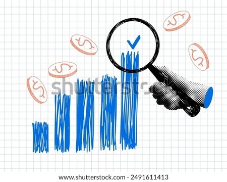 Modern collage with sales chart. Halftone hand holding a magnifying glass. Successful business concept. Trendy newspaper elements. Doodle style graph, coins. Marketing analysis concept