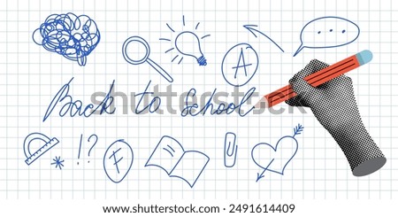 Halftone hand writing Back to School on checkered sheet. Modern collage. Simple set of doodles with school supplies. Trendy newspaper elements. Knowledge concept