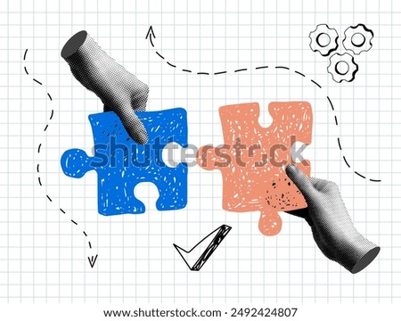 Modern collage. Halftone hands holding a puzzle in doodle style. Teamwork concept. Team, partnership metaphor. People connecting puzzle elements. Successful job interview. Newspaper body parts