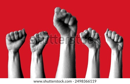 Halftone hands raised up with closed fist. Feminists fight. Illustration for protest. Modern collage with hands. Trendy vintage newspaper parts. Torn paper. Woman rights concept. Protesting crowd