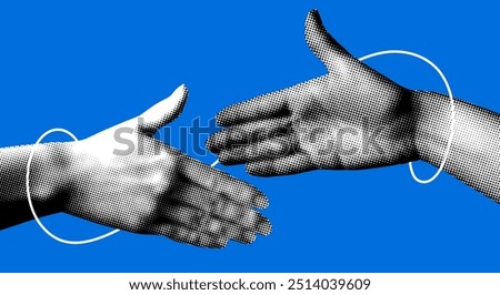 Hands reach out to each other. Handshake. Halftone retro hands. Paper cutout elements. Trendy vintage newspaper parts. Hands tied with thread. Shaking hands. Make a deal. Successful agreement