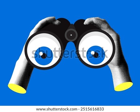 Modern collage with halftone hands hold binoculars. Searching, observing and watching concept. Illustration for finding, looking, web surfing, research. Marketing analysis, SEO concept