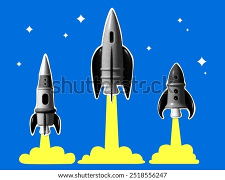 Rocket launch. Three halftone rocket ships take off. Success concept. Modern collage. Starting a business. Startup idea. Creating new ideas