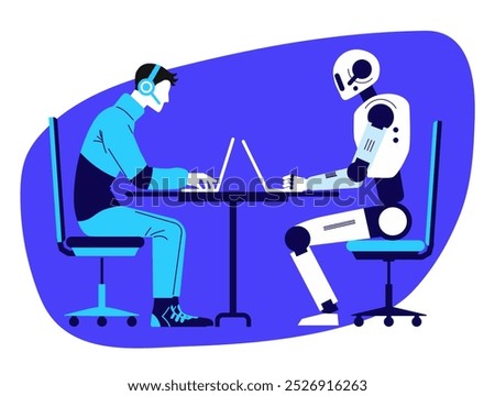 Man works together with a robot. Person and a robot are sitting at table and working on laptop. Concept of future technologies. Machine learning. Contest between human and cyborg