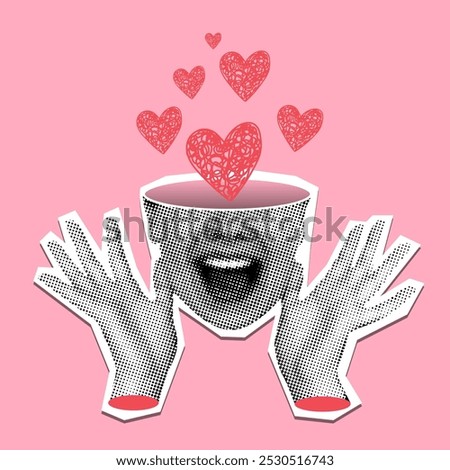 Love concept. Hearts inside woman's head. Modern collage with halftone body parts. Valentine's day design elements. Emotion of joy