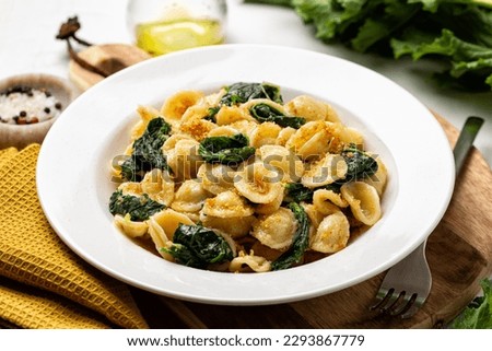 Similar – Image, Stock Photo South italian  pasta orecchiette with tomato sauce and cacioricotta cheese