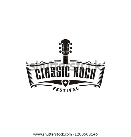 Classic Rock Country Guitar Music Vintage Retro Ribbon Banner logo design