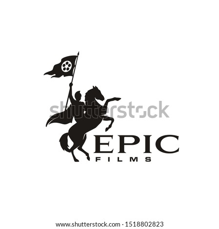 Film Reel with Horse Knight Silhouette, Medieval Warrior Horseback bring War Banner Flag for Epic Colossal Movie Cinema Production logo design