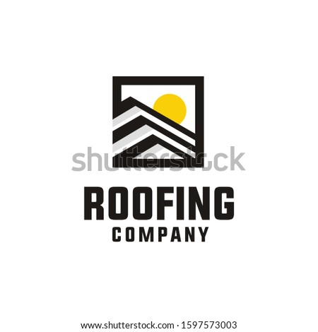 Home House Roof with Sun. Roofing Construction or Solar Panel Photovoltaic Company logo design