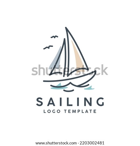 Simple Sailboat dhow boat ship on Sea Ocean Wave with Doodle line art style for Sailing Travel Transport logo design 