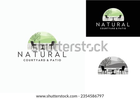 Outdoor Chair Furniture with Wall Stone, Tree and Hill Landscape View for Courtyard Exterior Patio Natural Village Rural Landscaping Logo Design