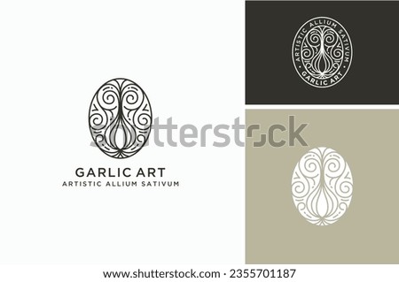 Artistic Line Art of Garlic Onion Shallot Kitchen Spice Ingredients with curly leaves and roots becaome tree of life symbol logo designs