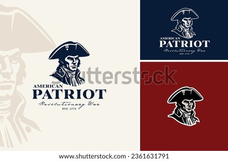 Classic Continental American Patriot Face Silhouette. Vintage United States Revolution War Army Soldier with Tricorn Hat Illustration Logo Design