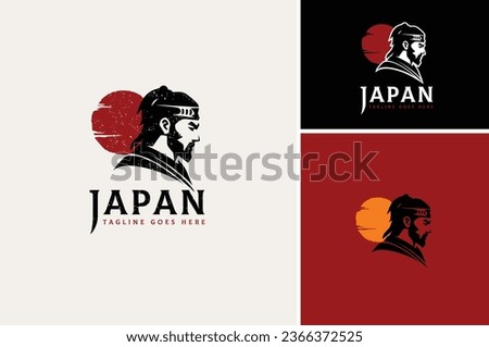 Japan Ancient Warrior Face with Red Sun Moon, Classic Japanese Samurai Knight Silhouette Logo Design