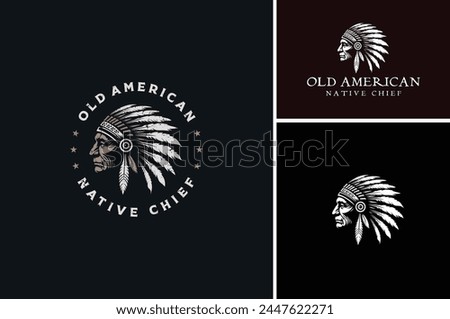 Rustic American Native Old Man wearing headdress, Vintage Indian Tribe Chief Silhouette Illustration Badge Label logo design