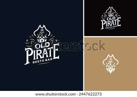 One Eye Old Pirate Face wears Tricorn Hat with crossed saber swords and skull symbol lettering typography label logo design