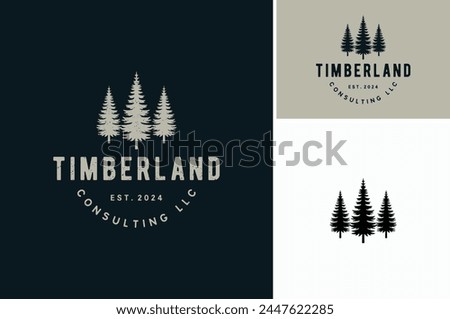 Silhouette of three pines tree similar with evergreen fir conifer spruce cedar larch cypress tree. Forest Landscape classic vintage logo design