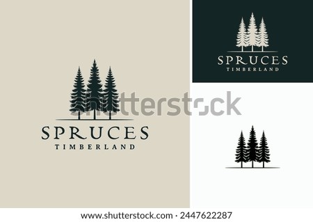 Silhouette of three pines tree similar with evergreen fir conifer spruce cedar larch cypress tree. Forest Landscape classic vintage logo design