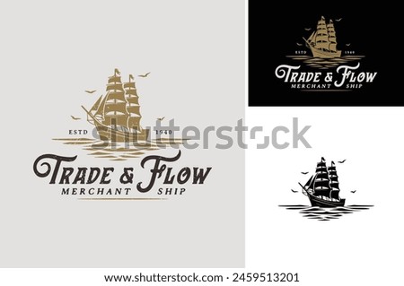 Vector illustration of Old Galleon Pirate Ship or Classic Merchant Sailing Vessel Boat on ocean sea waves for vintage nautical illustration label logo design