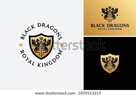 Vector illustration of Medieval Dragons with Golden Shield for Kingdom Crest or Family Coat of Arms Vintage Badge Emblem Label logo design