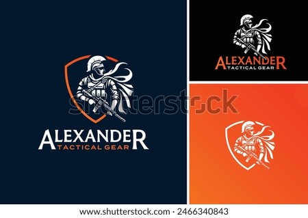 Layered EPS Vector Greek Roman Warrior wears War Helmet and Modern Soldier Suit with Shield Emblem Badge for Miliary Tactical Gear logo design