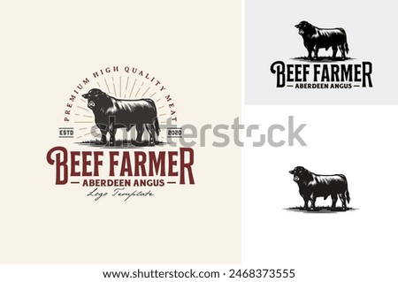 Layered EPS Vector of Black Aberdeen Angus Silhouette for Beef Cattle Farm Ranch Livestock or Premium Quailty Meat or Butchery label logo design