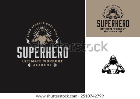 Hooded Unknown Strong Man showing his muscular chest like Mysterious Super Hero for gym workout or crossfit vintage logo design