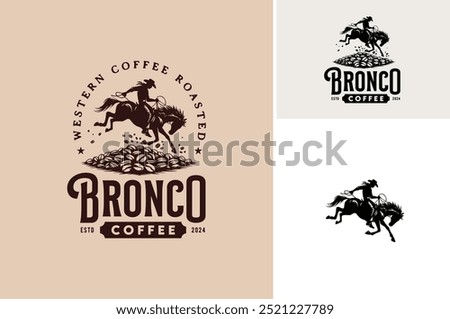 A Cowboy Ride a Horse, Bucking Bronco Rodeo with a pile of arabica robusta beans for coffee roasted factory or cafe vintage label logo design