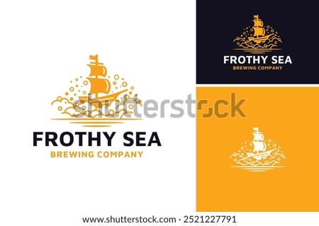 Ship Boat on Sea Ocean full with Beer Bubble Froth Foam for Beach Harbor Pub Bar Beverage Tavern or Brewery logo design