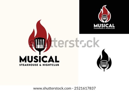 A Fire Flame with Piano Key Music Instrument and BBQ Spatula for Barbecue Steak Restaurant Bar Night Club Pub logo design