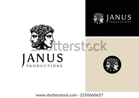 Two Faces Sculpture of Janus God, Ancient Roman Myth logo design