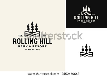 Silhouette of three pines tree similar with evergreen fir conifer spruce cedar larch cypress. Forest Rolling Hill Landscape classic vintage logo design