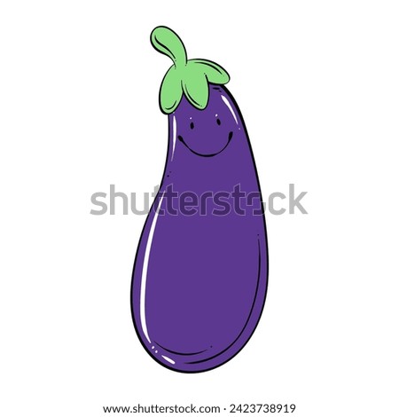 Cute Eggplant cartoon. Eggplant character design. mascot of a eggplant. eggplant on white background. Hand drawn. Vector illustration 