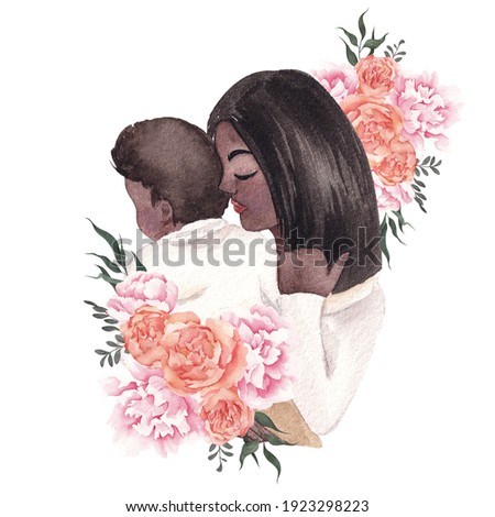 Watercolor illustration with mother and baby, floral bouquet, isolated on white background