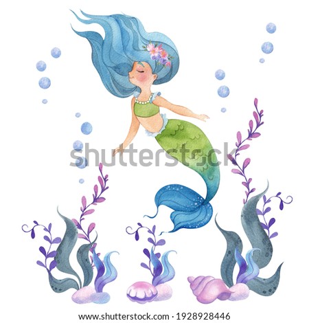 Watercolor underwater illustration with mermaid and floral, isolated on white background