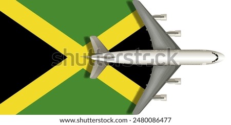 Jamaica flag with an airplane flying over it close up. Vector image.