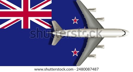 New Zealand flag with an airplane flying over it close up. Vector image.