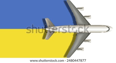 Ukrainian flag with an airplane flying over it close up. Vector image.