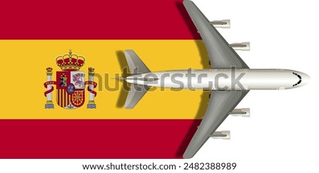 Flag of Spain with an airplane flying over it close up. Vector image.